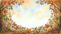 Watercolor autumn frame with colorful fall leaves, acorns, and berries forming a decorative border around a soft sky background.