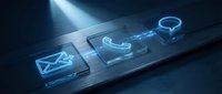 Futuristic holographic interface displaying glowing blue communication icons on transparent glass surface with dramatic lighting for tech presentations.