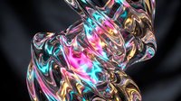 Abstract liquid chrome sculpture with rainbow holographic reflections and iridescent colors flowing in dynamic twisted forms against dark background.
