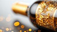 Luxury wine bottle with golden bokeh lights and decorative label in macro shot, creating elegant atmosphere for premium beverage marketing and celebration themes.