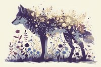 Mystical wolf silhouette with floral elements and nature motifs creating dreamy double exposure effect, perfect for wall art, textile prints and fantasy illustration designs.