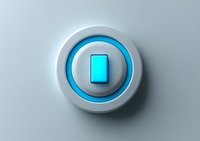 Glowing blue power button on white surface with illuminated rectangular center, ideal for technology interfaces and digital control panels.