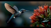 Vibrant hummingbird with iridescent blue-green feathers hovers near red tropical flowers, wings spread in graceful motion against dark background.