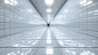 Modern white tiled tunnel with perspective vanishing point and fluorescent lighting creates dramatic architectural depth. Clean minimalist corridor design.