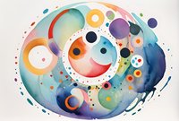 Vibrant watercolor circles and dots in pastel and bold colors create abstract cosmic composition with fluid organic shapes and splatter effects on white paper background.