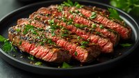Juicy grilled ribeye steak sliced and garnished with fresh herbs and black pepper on dark plate. Medium rare beef with perfect grill marks and pink center.
