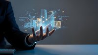 Businessman hand presenting holographic financial charts and data analytics with glowing digital interface for business intelligence and investment.