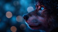Mystical wolf with glowing blue eyes against dark background with bokeh lights, side profile view capturing ethereal atmosphere and wild nature spirit.