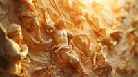 Ornate golden bas-relief sculpture featuring classical figures in dynamic poses, bathed in warm sunlight, evoking ancient mythology and baroque art.