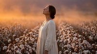 Young woman in white dress standing peacefully in cotton field at golden sunset, eyes closed in meditation, serene countryside landscape for wellness content.