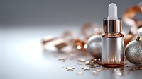 Luxury skincare serum bottle with rose gold dropper surrounded by festive decorations and metallic ornaments on elegant background for beauty campaigns.