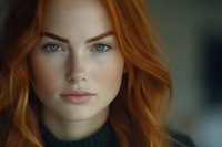 Close up portrait of young woman with natural red hair, green eyes and freckles against blurred background, soft lighting enhances natural beauty and features.
