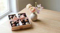 Assorted chocolates in wooden box with pink ribbon and fresh flowers in vase on wooden table by window for gift giving occasions.