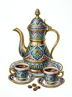 Ornate brass teapot with blue and green enamel detailing, matching cups and saucers, coffee beans scattered below, isolated on white background for design use.