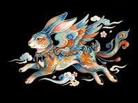 Ornamental rabbit with decorative swirls and flourishes in blue and orange tones, isolated on transparent background. Ready for t-shirt design, clipart, stickers, sublimation and print-on-demand products.