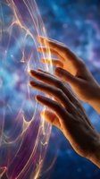 Human hands reaching toward glowing energy streams with magical light effects and blue purple background for spiritual healing concepts.
