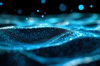 Abstract blue glowing particles wave with bokeh effect on black background, digital technology concept for presentations and web design.
