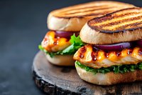 Grilled chicken breast sandwiches with fresh lettuce and tomatoes on toasted buns served on wooden board against dark background for restaurant menu design.