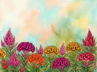 Watercolor garden with vibrant celosia and marigold flowers in pink, orange, and purple tones against a soft pastel sky background.