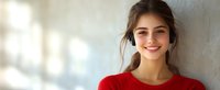 Young Hispanic woman in bright red sweater smiling warmly at camera against light wall background with soft natural lighting and shadow play creating cozy atmosphere.