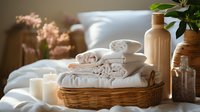 Cozy spa composition with fresh white towels in wicker basket, aromatic candles, glass bottles and green plant on light background. Wellness and relaxation concept.