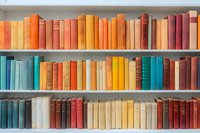 Colorful vintage books arranged on wooden shelves in rainbow order from orange and red to turquoise and blue, creating aesthetic library composition for reading background.
