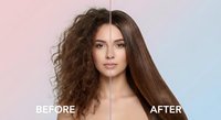 Young woman showing hair transformation from frizzy curly to smooth straight hair on gradient background for beauty salon advertising.