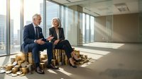 Senior Caucasian businessman and businesswoman sitting on stacks of gold coins in modern office, discussing financial strategy.