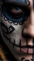 Close-up of face with sugar skull makeup featuring intricate black patterns, decorative eye design, and stitched mouth detail for Day of the Dead celebrations.