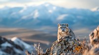 Majestic snow leopard perched on rocky mountain peak against dramatic winter landscape with snow-capped peaks and cloudy sky in golden evening light.