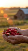 Farmer hands holding fresh red chili peppers at sunset with rural farm landscape and golden hour lighting creating warm bokeh effects in agricultural setting.