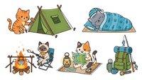 Cartoon cat and hippo camping with tent, campfire, sleeping bag, backpack, and lantern. Isolated clipart on transparent background suitable for children's designs, t-shirts, stickers, and educational materials.