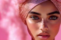 Close up portrait of young middle eastern woman with bright makeup, glowing skin and pink head wrap against pink background with bokeh effect.