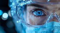 Close-up view of bright blue eye seen through protective safety goggles with medical mask visible, dramatic lighting and bokeh effects create futuristic medical atmosphere.