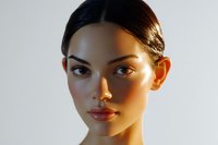 Young woman with glowing natural makeup and flawless skin in warm lighting against white background, showcasing professional beauty and cosmetic artistry.