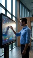 Professional businessman analyzing financial data on interactive touchscreen display in modern corporate office environment for business presentations.