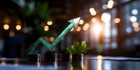 Growing arrow chart with coins and plant showing financial growth concept against blurred bokeh lights background, symbolizing investment success and prosperity.