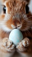 Close-up of adorable brown bunny nose and paws holding light blue speckled egg, showing detailed fur texture and whiskers against blurred background.