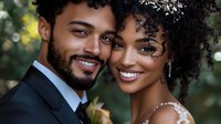 Happy mixed-race couple in elegant formal wear smiling together outdoors with natural lighting and bokeh background for wedding or celebration content.