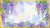 Watercolor wisteria floral frame with purple blooms and green leaves on soft lavender background, golden border, copy space for text.