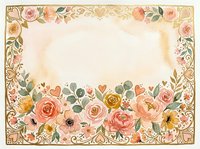Watercolor floral frame with pink roses, hearts and gold ornamental border on cream background for wedding invitations and romantic designs.