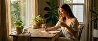 Young woman enjoying morning coffee while writing in journal at wooden table by sunny window with houseplants creating cozy home atmosphere for relaxation.
