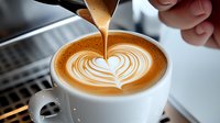 Barista pouring steamed milk into coffee cup creating heart latte art pattern, close-up view of cappuccino preparation in cafe setting.