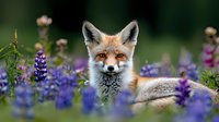 Red fox portrait among blooming purple lupine flowers in natural environment, wildlife photography with soft bokeh background and warm summer light.