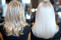 Comparison of blonde hair styling techniques showing wavy layered cut and straight sleek platinum finish, photographed from behind in professional salon setting.