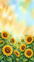 Watercolor sunflowers border with soft pastel sky background for greeting cards, invitations and seasonal decorations.