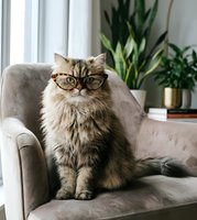 Fluffy tabby cat wearing eyeglasses sitting on gray armchair in modern living room with houseplants creating cozy home atmosphere for pet care concepts.