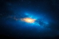 Vibrant blue and golden nebula glowing in deep space, surrounded by countless stars against dark cosmic background. Celestial formation in night sky.