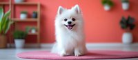 Adorable white Pomeranian puppy sitting on pink yoga mat in modern living room with coral wall and plants. Perfect for pet care and home lifestyle content.