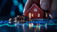 Real estate investment concept with miniature house model and coins on digital surface with glowing blue technology lights and bokeh effects.